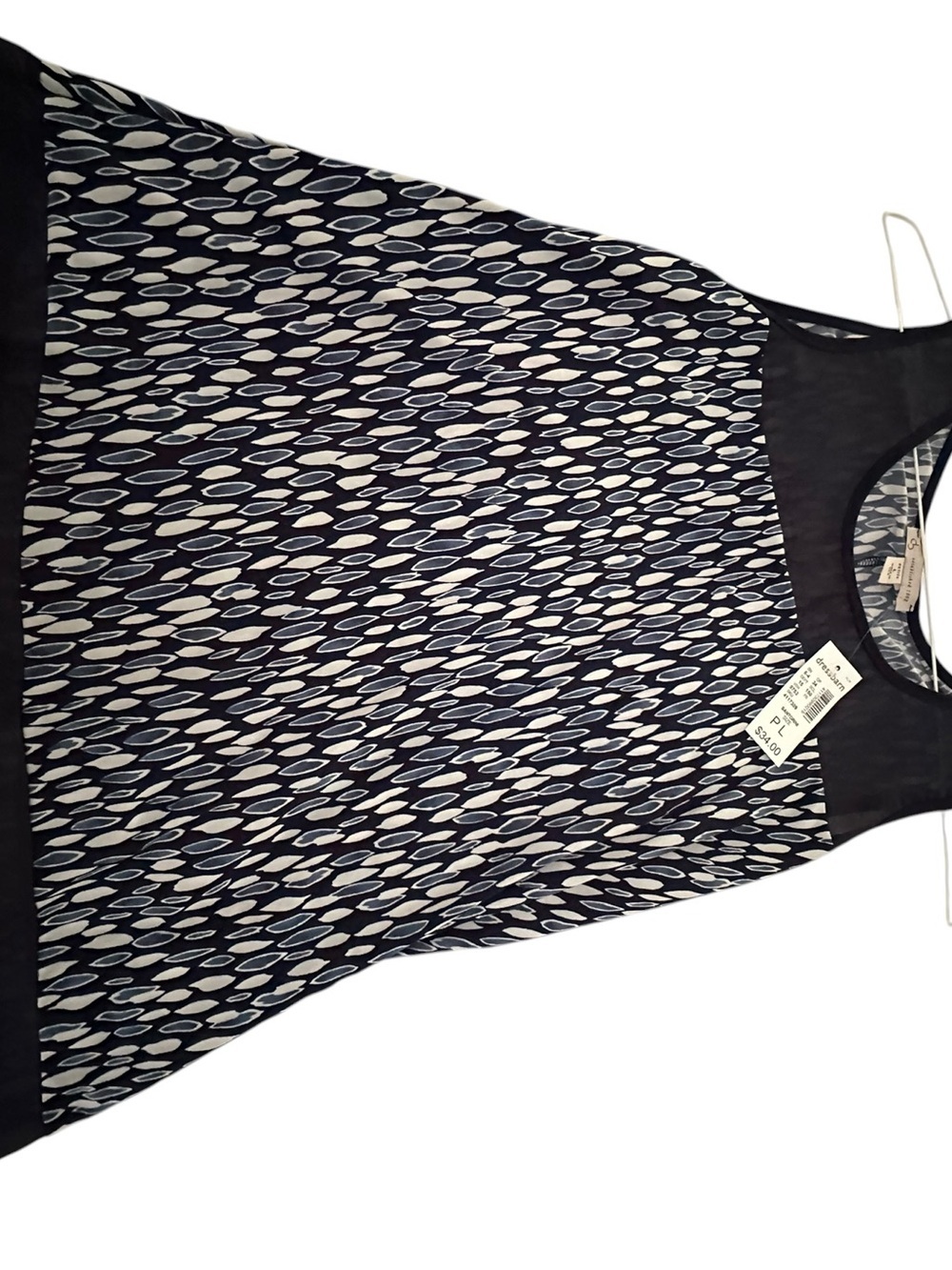 Sleeveless Navy and White Patterned Tank Top. Top and bottom sheer panels nwt